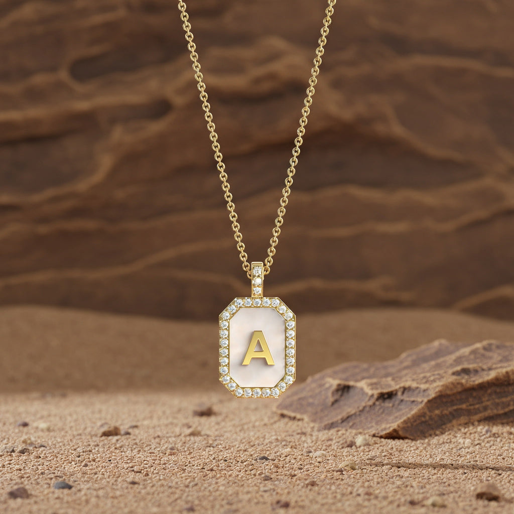 18k Gold Plated Silver Pearl Initial Zodiac & Initial Gemstone Pendant Necklace – Octagon