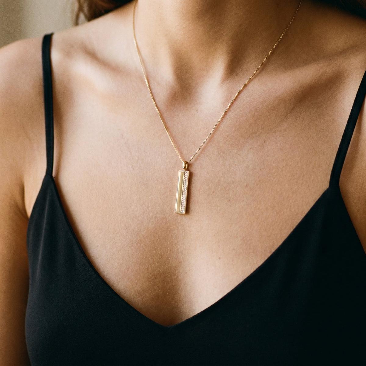 Gold Plated Beaded-Edge Rectangular Necklace