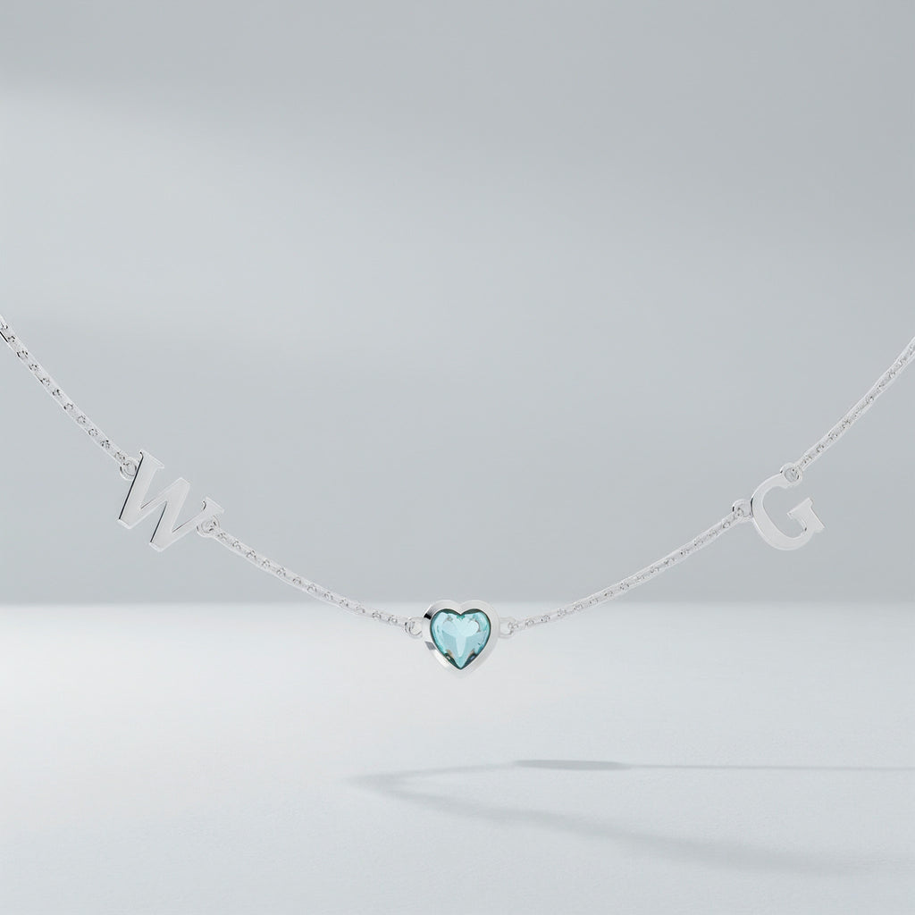 Rhodium March HeartLink Birthstone Necklace