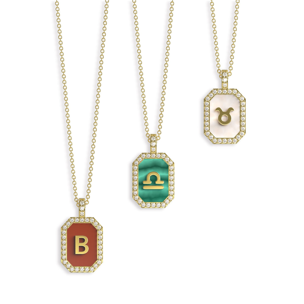 Rhodium Plated Silver Malachite Zodiac & Initial Necklace – Octagon