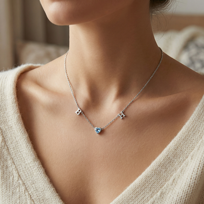 Rhodium March HeartLink Birthstone Necklace