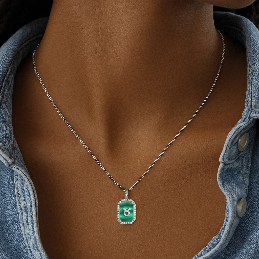 Rhodium Plated Silver Malachite Zodiac & Initial Necklace – Octagon