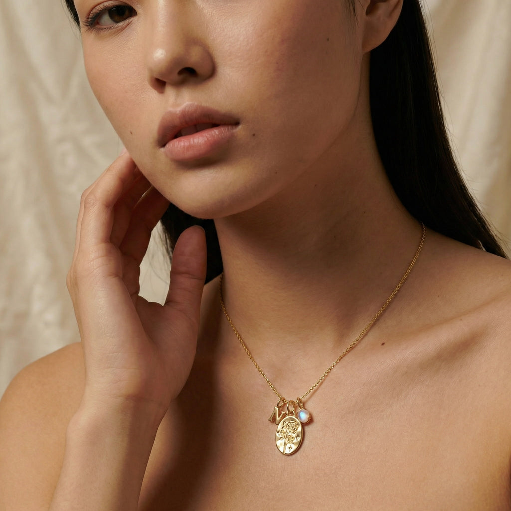 Birth Stone, Birth flower & Initial Necklace